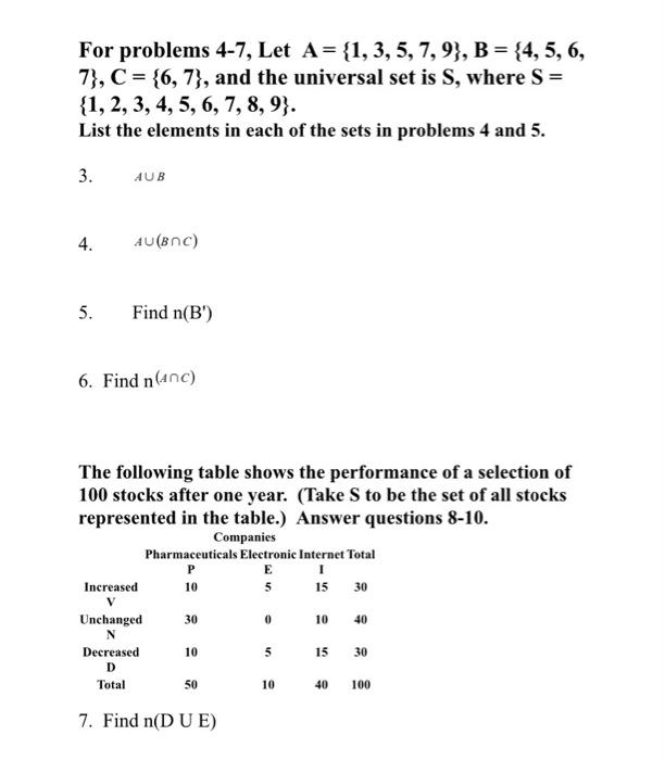 Solved For problems 4-7, Let A = {1, 3, 5, 7, 9), B = {4, 5, | Chegg.com