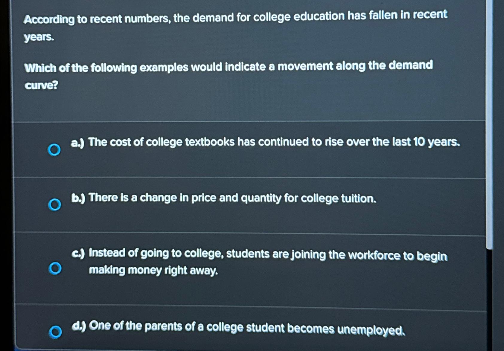 Solved According to recent numbers, the demand for college | Chegg.com