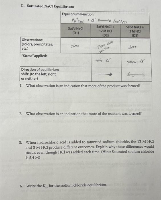 Solved C Saturated Nacl Equilibrium 1 What Observation Is