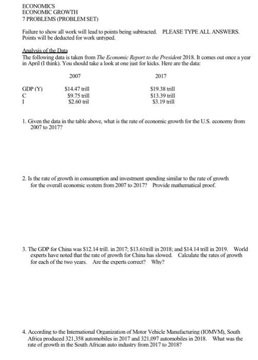 Solved ECONOMICS ECONOMIC GROWTH 7 PROBLEMS (PROBLEM SET) | Chegg.com