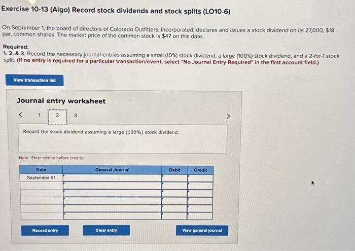 Solved Exercise 10-13 (Algo) Record stock dividends and | Chegg.com