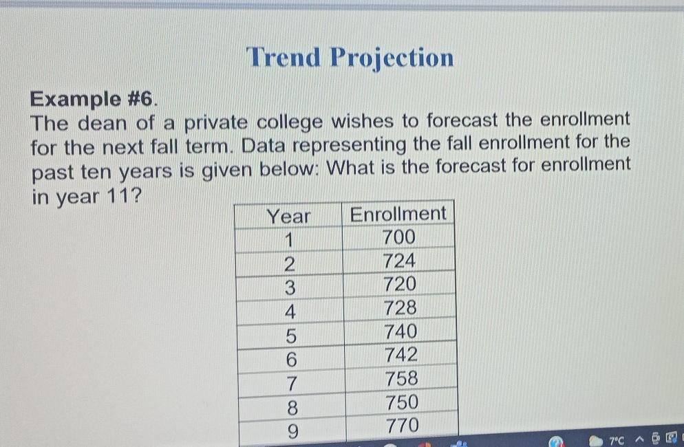 Trend Projection Example 6. The dean of a private