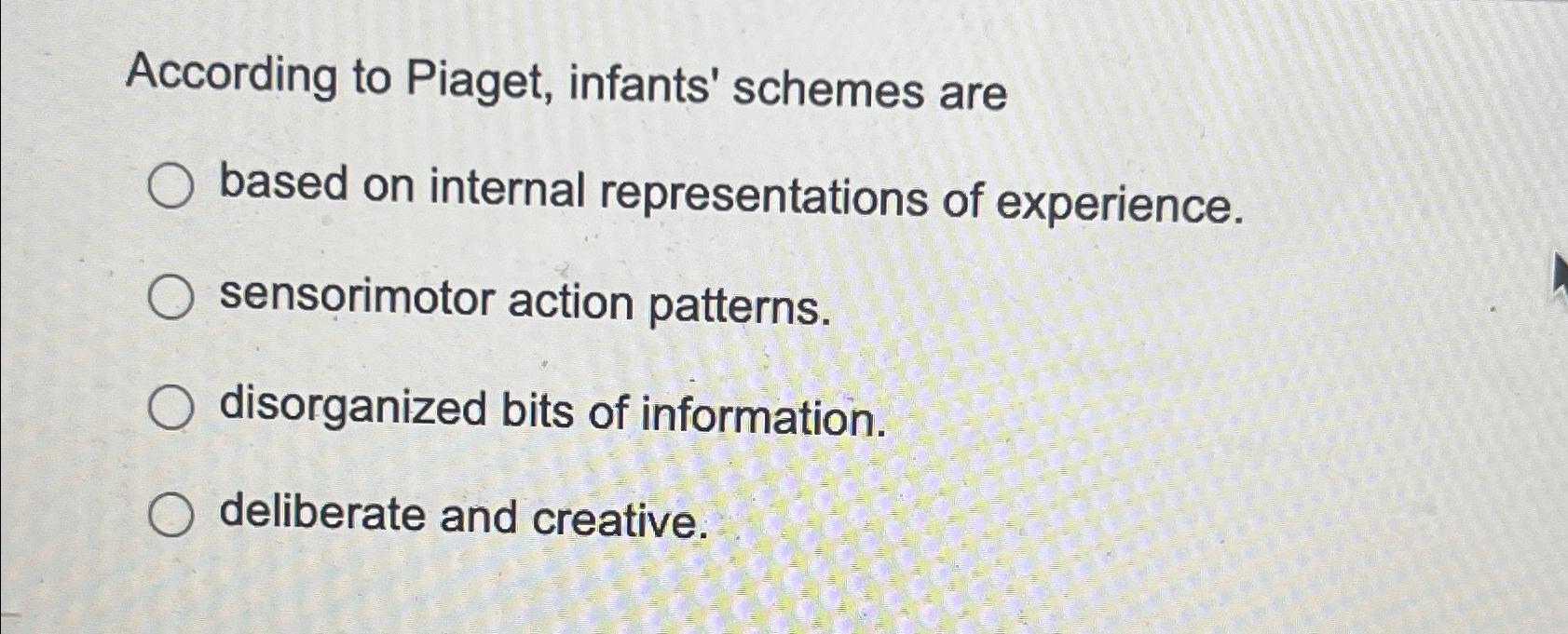 Solved According to Piaget infants schemes are based on Chegg