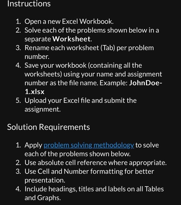 Solved Instructions 1. Open a new Excel Workbook. 2. Solve | Chegg.com