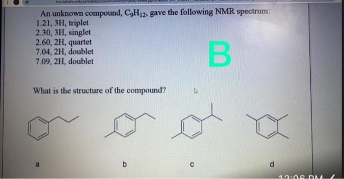 solved-an-unknown-compound-c9h12-gave-the-following-nmr-chegg