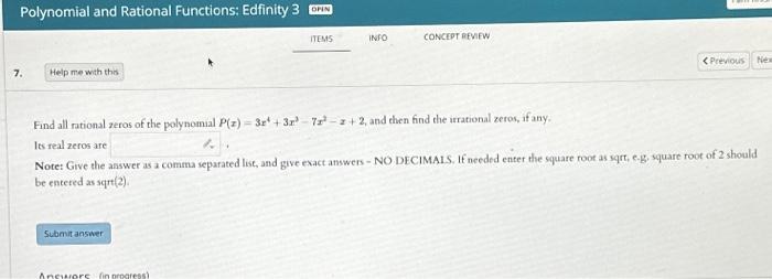 Solved Polynomial and Rational Functions: Edfinity 3 7. Help | Chegg.com