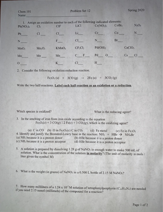 Solved Problem Set 12 Spring Chem 101 Name 1 Assign Chegg Com