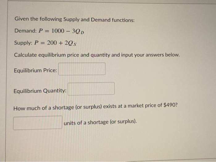 Solved Given the following Supply and Demand functions: | Chegg.com