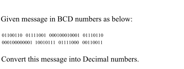 Solved Given message in BCD numbers as below: 01100110 | Chegg.com