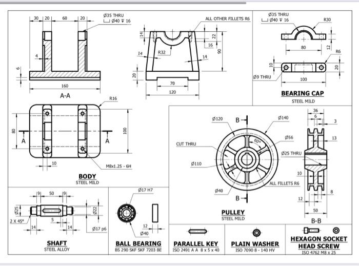 Pulley system assembly: (1) shaft; (2) pulley body; (3) bracket