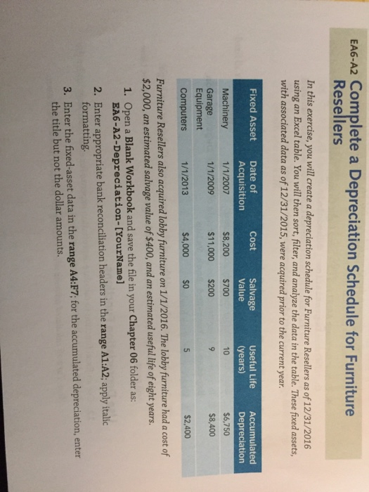 Solved EA6A2 Complete a Depreciation Schedule for Furniture