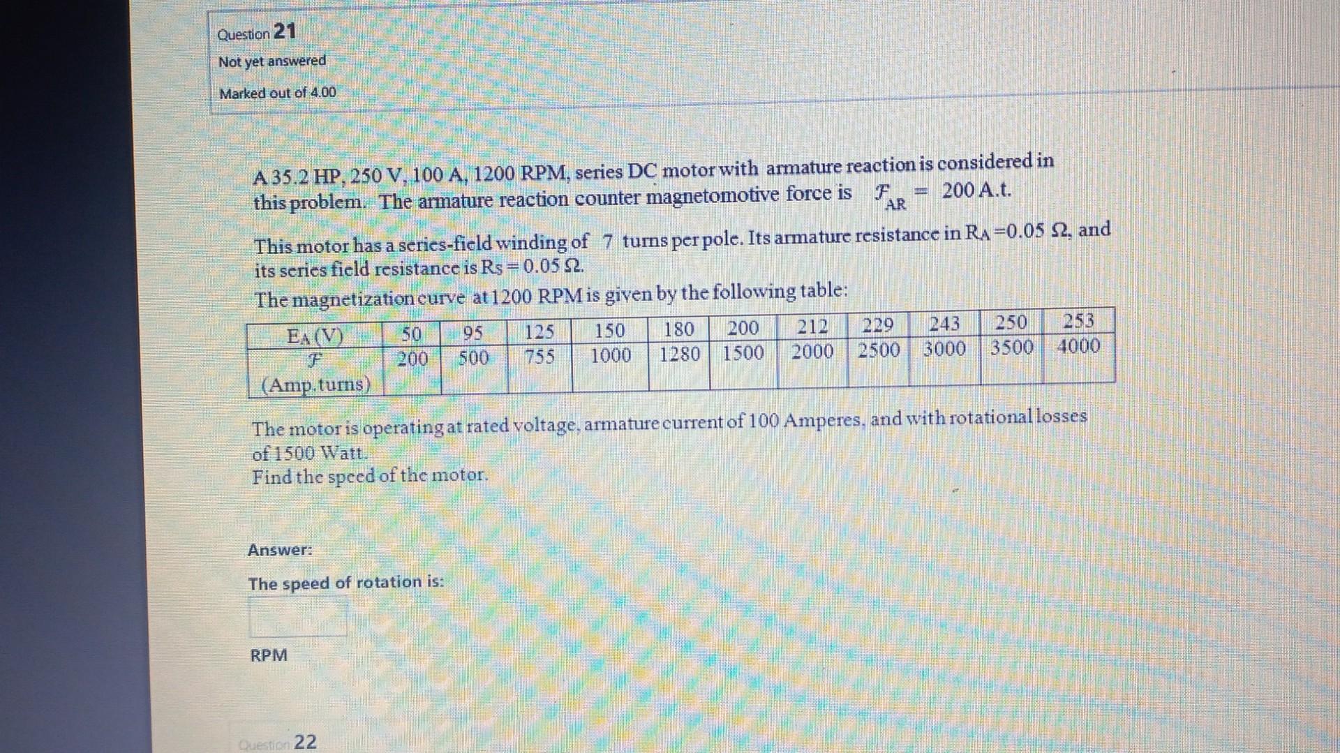 Solved A 35.2 HP, 250 V, 100 A, 1500 RPM, series DC motor | Chegg.com