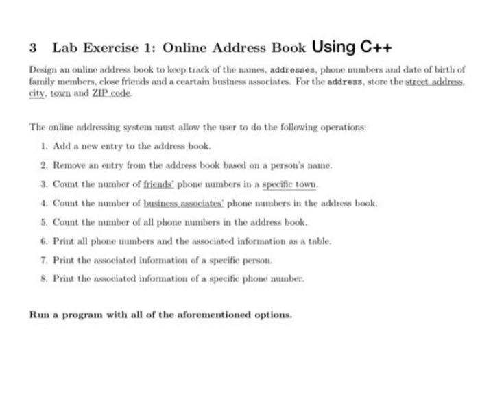 Solved Lab Exercise 1: Online Address Book Using C++ Design | Chegg.com