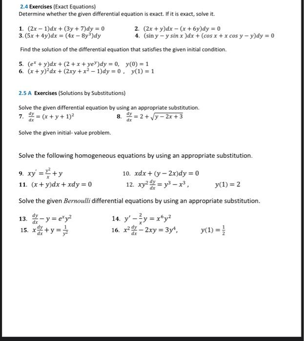 Solved 2.4 Exercises (Exact Equations) Determine whether the | Chegg.com