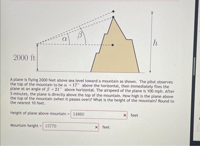 Solved A plane is flying 2000 feet above sea level toward a