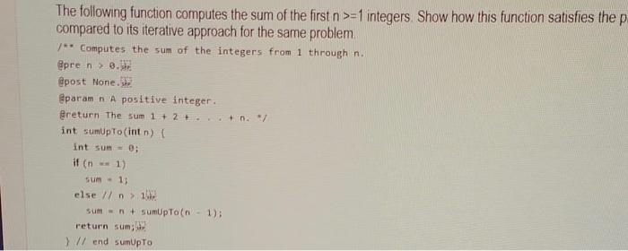 Solved The following function computes the sum of the first | Chegg.com