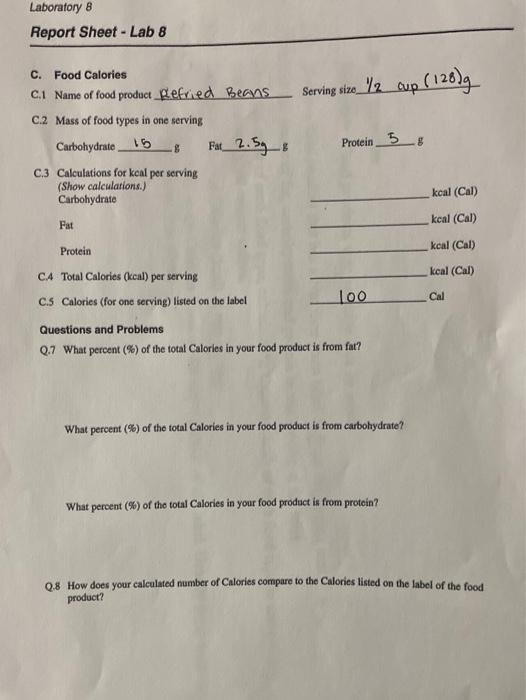 Solved Laboratory 8 Report Sheet - Lab 8 Serving size '2 cup | Chegg.com