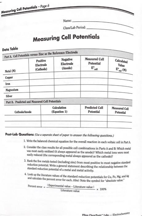 Solved Page 3 - Measuring Cell Potentials Pre-Lab Questions | Chegg.com
