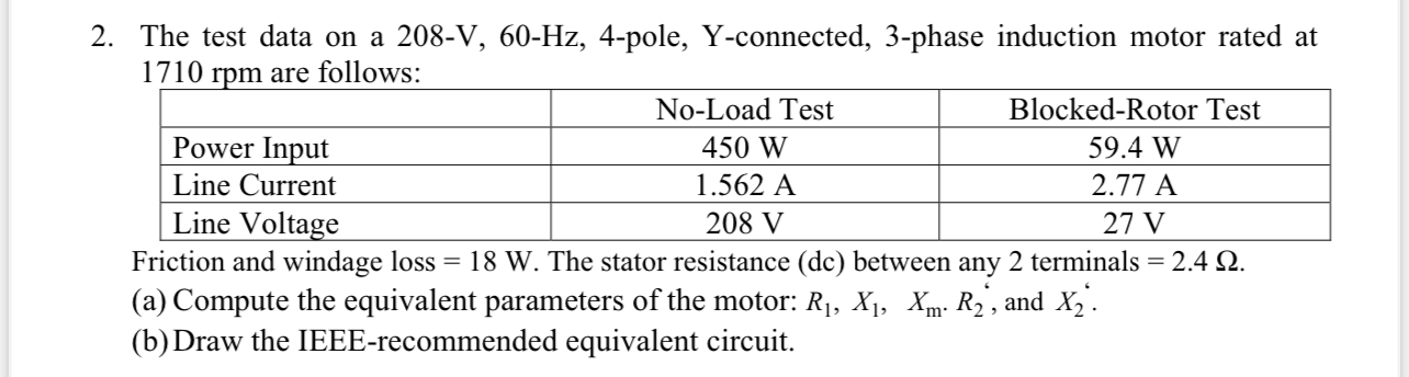 Solved The test data on a 208-V,60-Hz,4-pole, Y-connected, | Chegg.com