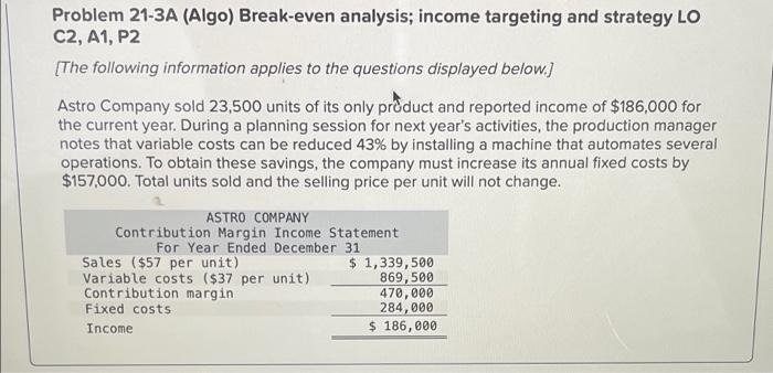 Solved Problem 21-3A (Algo) Break-even analysis; income | Chegg.com
