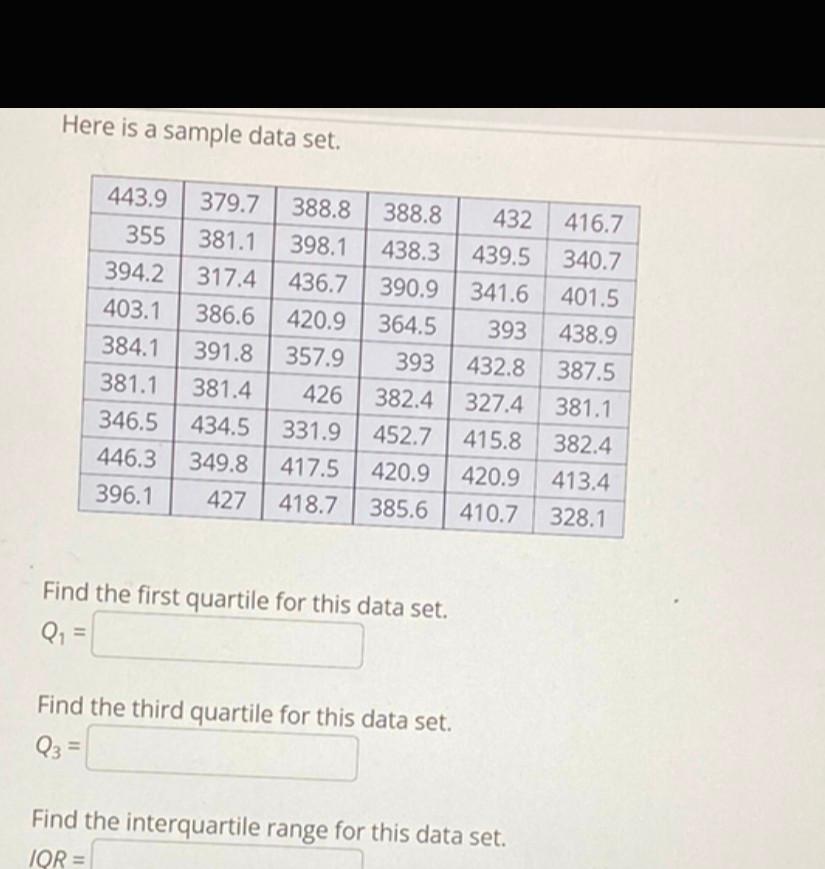 Here is a sample data set.
Find the first quartile for thic data set. \( Q_{1}= \)

Find the third quartile for this data set