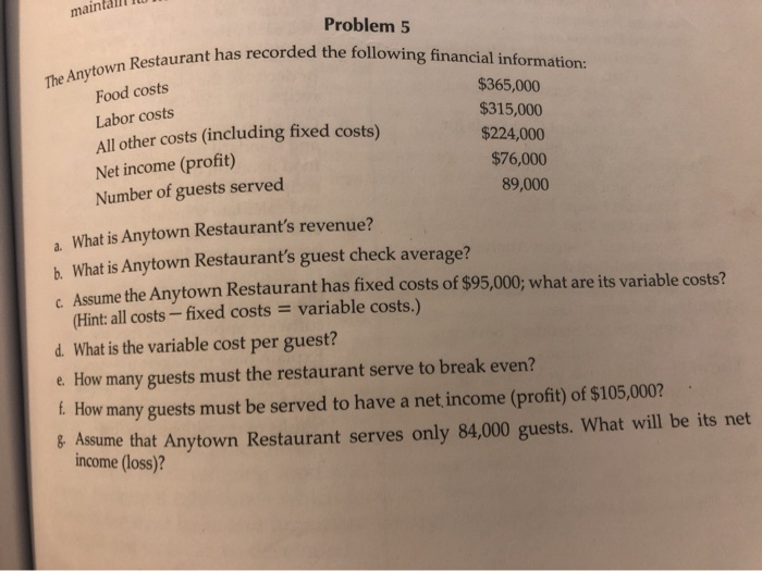 Maintall The Anytown Restaurant Has Re Food Costs Labor Costs All Other