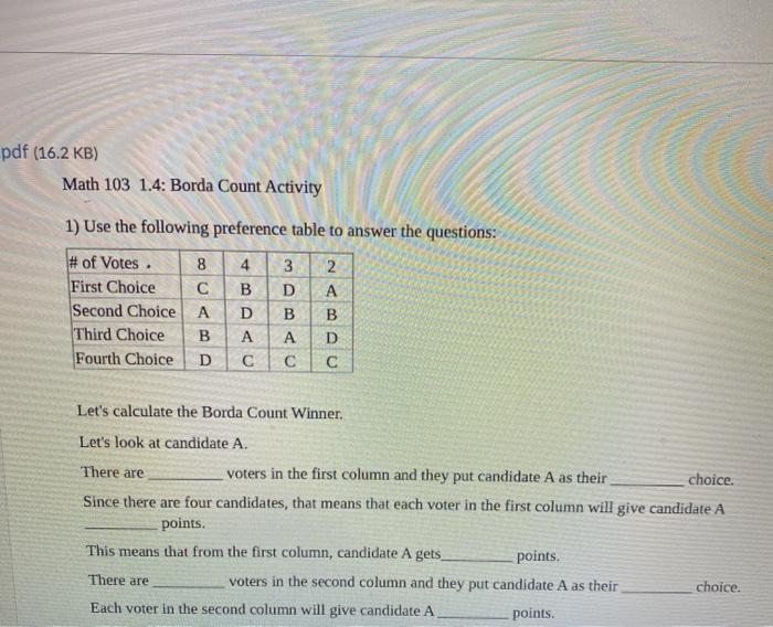 Solved pdf (16.2 KB) Math 103 1.4: Borda Count Activity 1) | Chegg.com
