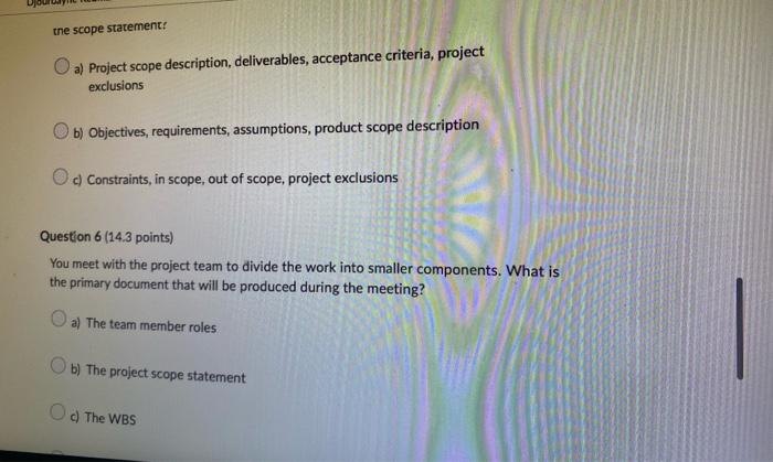 tne scope statement?
a) Project scope description, deliverables, acceptance criteria, project exclusions
b) Objectives, requi