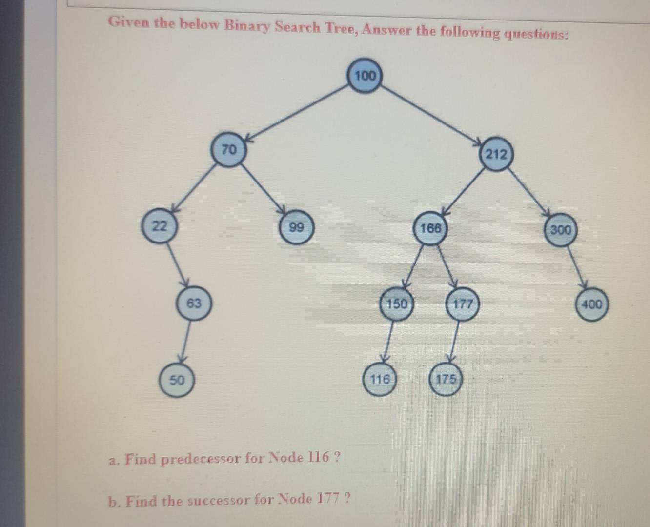 Given the below Binary Search Tree, Answer the following questions: 100 70 212 22 99 166 300 63 150 177 400 50 116 175 a. Fin