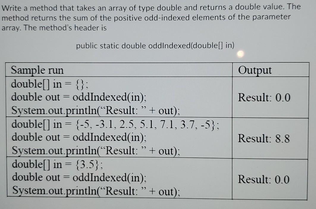 Solved Write a method that takes an array of type double and | Chegg.com