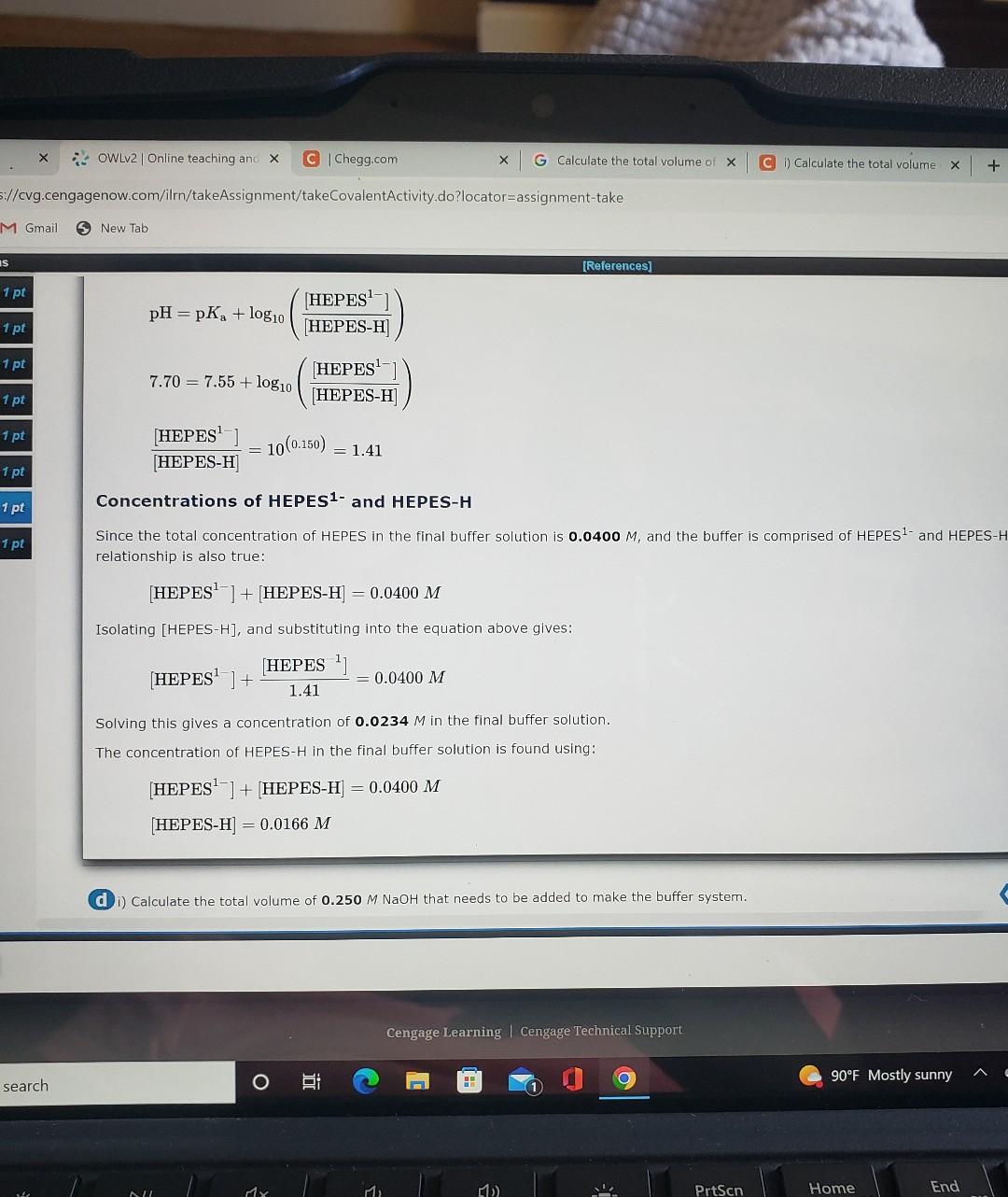 \( \mathrm{pH}=\mathrm{p} K_{\mathrm{a}}+\log _{10}\left(\frac{\left[\mathrm{HEPES}^{1-}\right]}{\left[\mathrm{HEPES}^{-\math