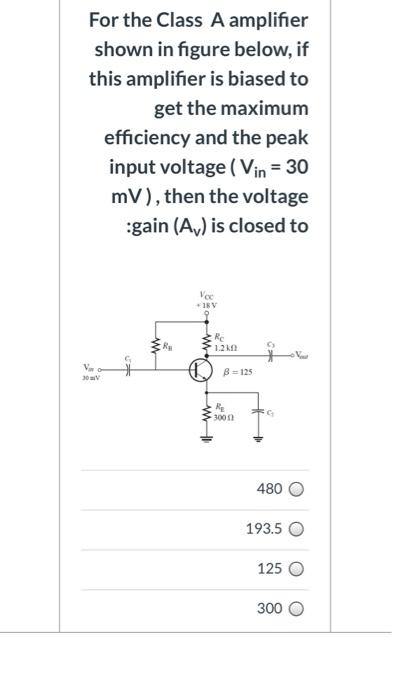 Solved For the Class A amplifier shown in figure below, if | Chegg.com