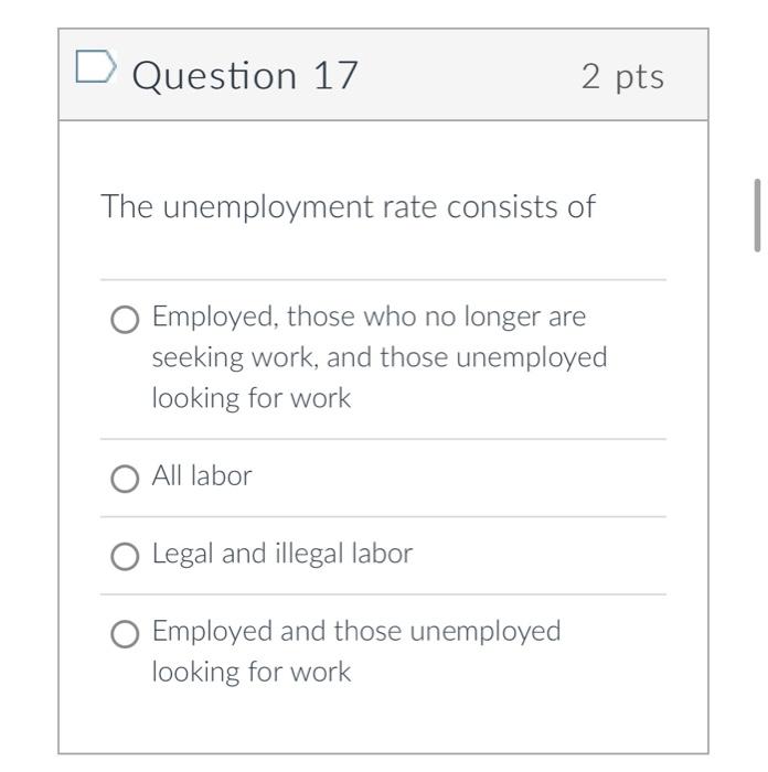 Question 17
2 pts
The unemployment rate consists of
Employed, those who no longer are seeking work, and those unemployed look