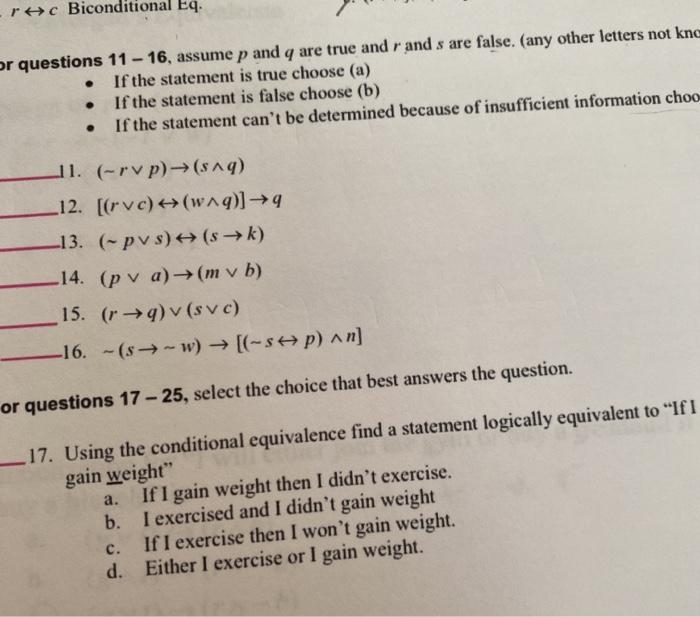 Solved Roc Biconditional Eq Or Questions 11 16 Assume Chegg Com