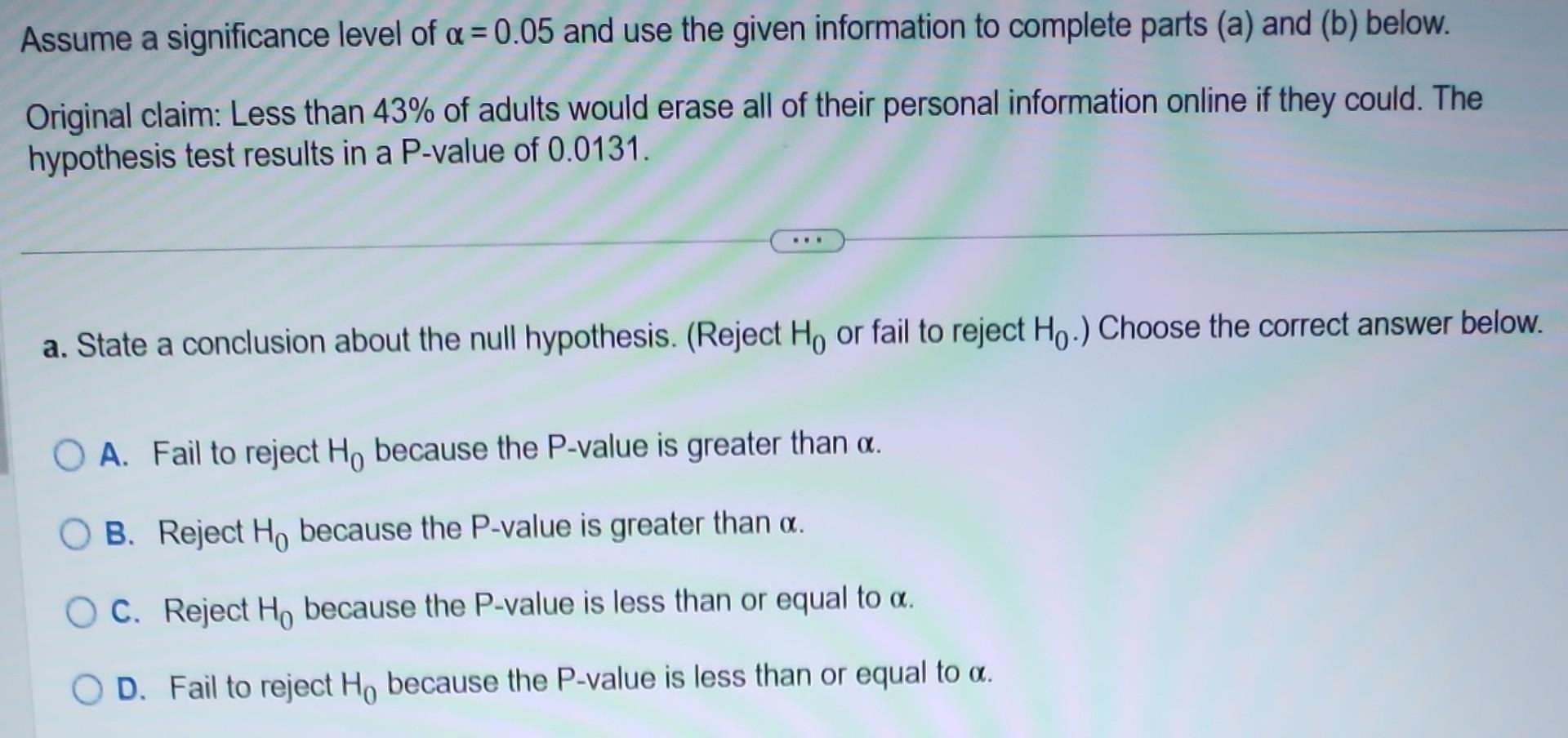 Solved Assume a significance level of α=0.05 and use the | Chegg.com