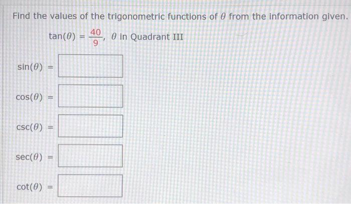 Solved Find the values of the trigonometric functions of θ | Chegg.com