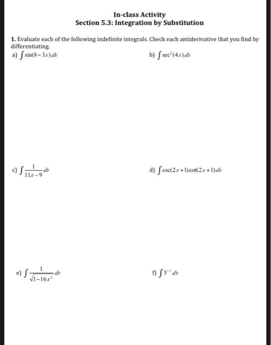 Solved In-class Activity Section 5.3: Integration by | Chegg.com