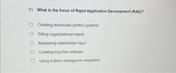 Solved 31. What is the focus of Rapid Application | Chegg.com