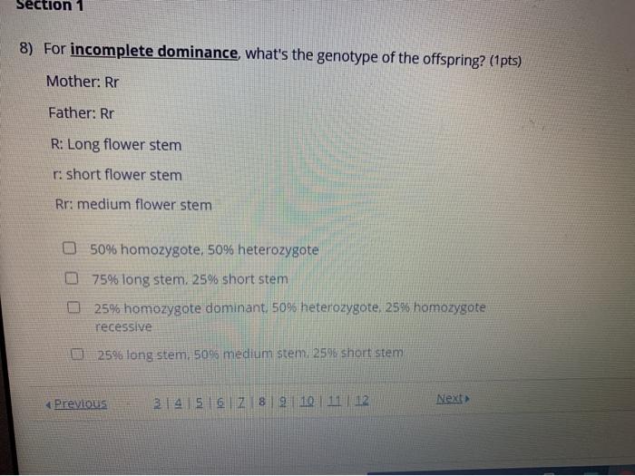 Solved Section 1 8) For incomplete dominance what's the | Chegg.com