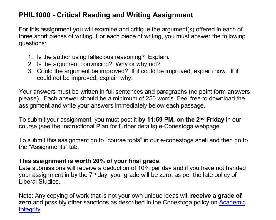 PHIL1000 Critical Reading and Writing Assignment