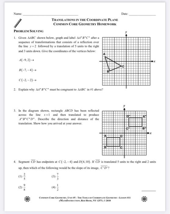 translations in the coordinate plane common core geometry homework answers