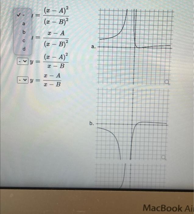 \( y=\frac{(x-A)^{2}}{(x-B)^{2}} \) \( y=\frac{x-A}{(x-B)^{2}} \) \( y=\frac{(x-A)^{2}}{x-B} \) \( y=\frac{x-A}{x-B} \)