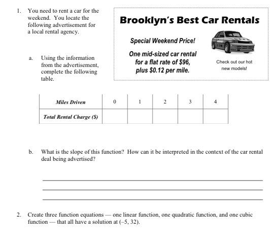 Solved 1. You need to rent a car for the weekend. You locate | Chegg.com
