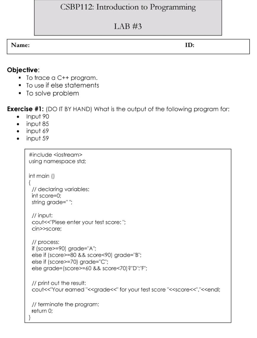 Solved CSBP112: Introduction to Programming LAB #3 Name: ID: | Chegg.com