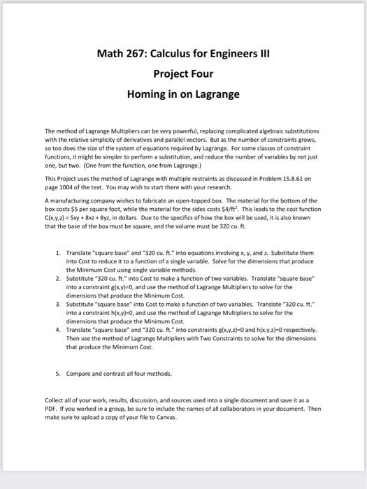 Math 267: Calculus for Engineers III Project Four | Chegg.com