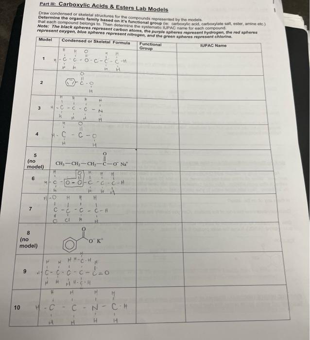 Solved Part I: Carboxylic Acids & Esters Lab Models Draw | Chegg.com