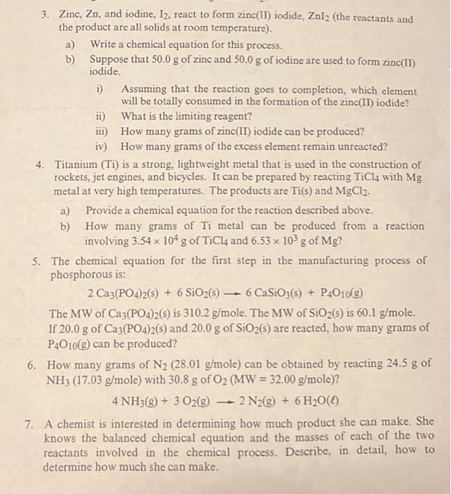 Solved 3. Zinc, Zn, and iodine, I2, react to form zinc(II)