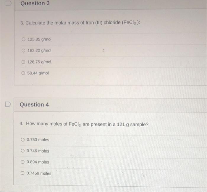 calculate the molar mass of iron iii chloride fecl3