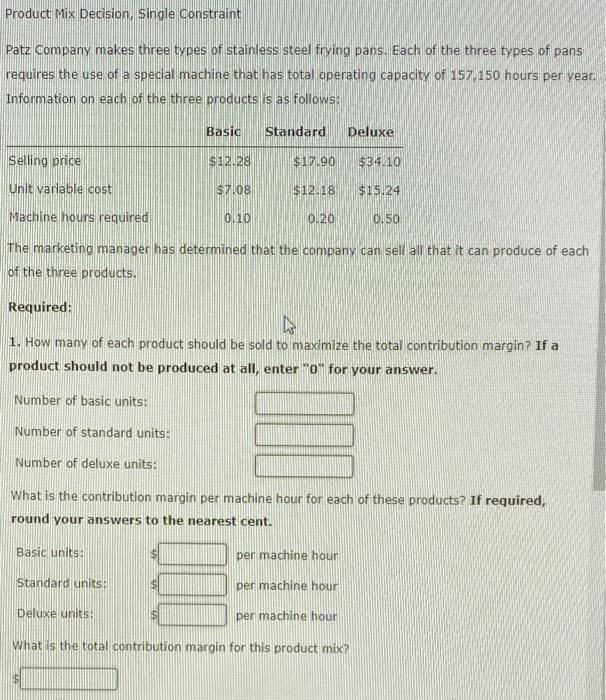 Solved Product Mix Decision Single Constraint Patz Company Chegg