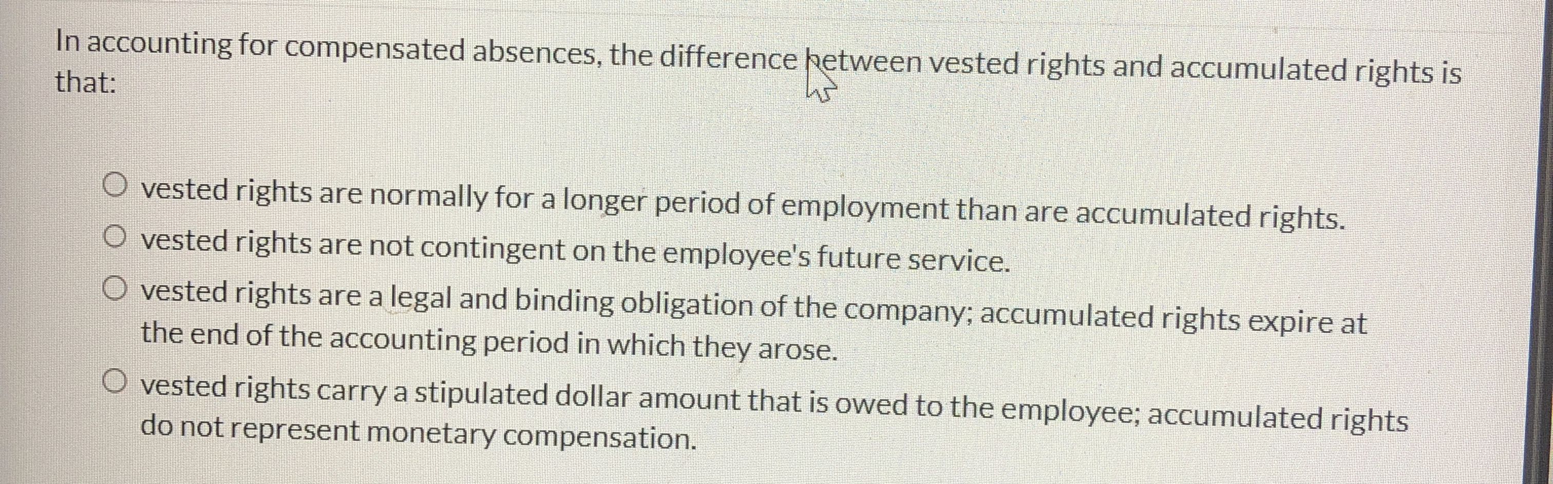 Solved In accounting for compensated absences, ﻿the | Chegg.com